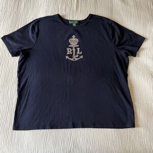 RALPH LAUREN Blue Beaded Crest Cotton Tee Nautical Anchor Preppy Plus Size 2X